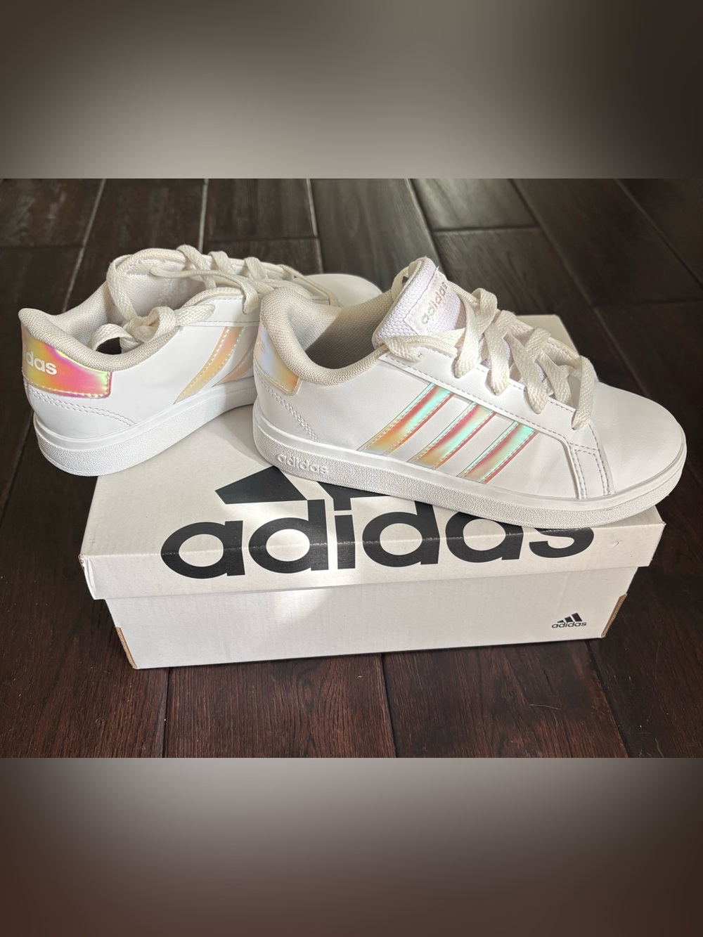 adidas Kids White Sneakers with Iridescent Stripes